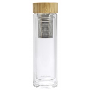 Bamboo and glass double walled bottle Vicente, brown (Water bottles)