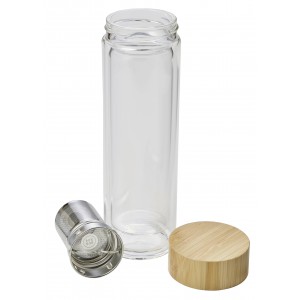 Bamboo and glass double walled bottle Vicente, brown (Water bottles)