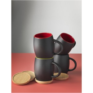 Hearth 400 ml ceramic mug with wooden lid/coaster, solid black,Red (Mugs)