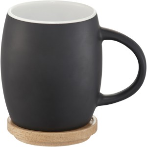 Hearth 400 ml ceramic mug with wooden lid/coaster, solid black,White (Mugs)