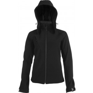 LADIES' DETACHABLE HOODED SOFTSHELL JACKET, Black <font size=1>[ENG]</font>