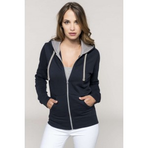 LADIES? CONTRAST HOODED FULL ZIP SWEATSHIRT, Black/Red (Pullovers)