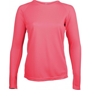 LADIES' LONG-SLEEVED SPORTS T-SHIRT, Fluorescent Pink (Long-sleeved shirt)
