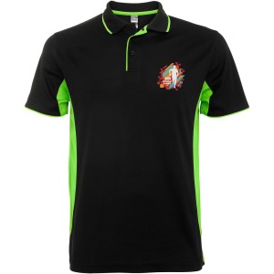 Montmelo short sleeve unisex sports polo, Solid black, Lime (T-shirt, mixed fiber, synthetic)