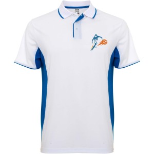 Montmelo short sleeve unisex sports polo, White, Royal blue (T-shirt, mixed fiber, synthetic)