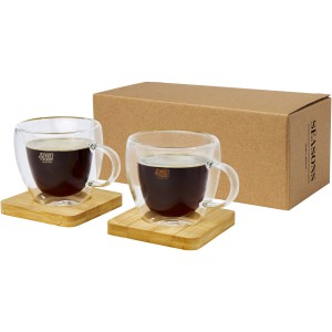 Manti 2-piece 100 ml double-wall glass cup with bamboo coaster, Transparent, Natural (Mugs)