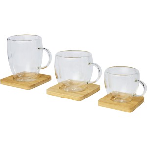 Manti 2-piece 100 ml double-wall glass cup with bamboo coaster, Transparent, Natural (Mugs)