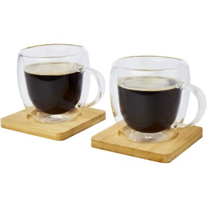Manti 2-piece 250 ml double-wall glass cup with bamboo coaster, Transparent, Natural (Mugs)