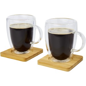 Manti 2-piece 350 ml double-wall glass cup with bamboo coaster, Transparent, Natural (Mugs)