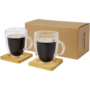 Manti 2-piece 350 ml double-wall glass cup with bamboo coaster, Transparent, Natural (Mugs)
