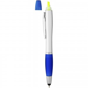 Nash stylus ballpoint pen and highlighter, Silver,Royal blue (Multi-colored, multi-functional pen)
