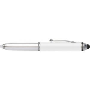 Plastic ball pen with stylus and LED, white (Plastic pen)