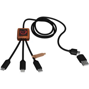 SCX.design C38 3-in-1 rPET light-up logo charging cable with squared wooden casing, Red, Wood (Eletronics cables, adapters)