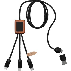 SCX.design C38 3-in-1 rPET light-up logo charging cable with squared wooden casing, Solid black, Woo (Eletronics cables, adapters)