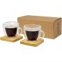 Manti 2-piece 100 ml double-wall glass cup with bamboo coaster, Transparent, Natural