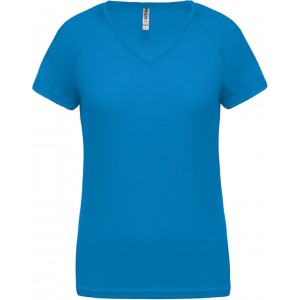 LADIES? V-NECK SHORT SLEEVE SPORTS T-SHIRT, Aqua Blue (T-shirt, mixed fiber, synthetic)