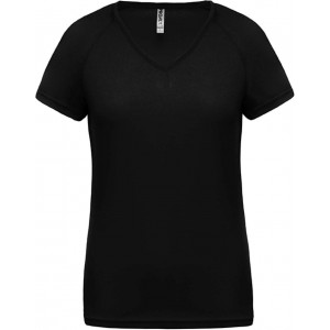 LADIES? V-NECK SHORT SLEEVE SPORTS T-SHIRT, Black (T-shirt, mixed fiber, synthetic)