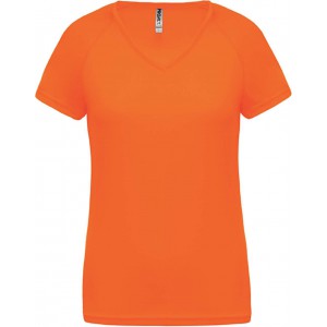 LADIES? V-NECK SHORT SLEEVE SPORTS T-SHIRT, Fluorescent Orange (T-shirt, mixed fiber, synthetic)