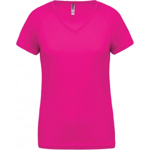 LADIES? V-NECK SHORT SLEEVE SPORTS T-SHIRT, Fuchsia (T-shirt, mixed fiber, synthetic)