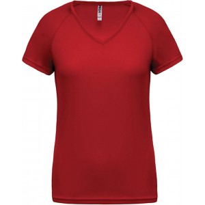 LADIES? V-NECK SHORT SLEEVE SPORTS T-SHIRT, Red (T-shirt, mixed fiber, synthetic)