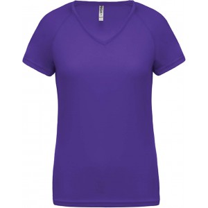LADIES? V-NECK SHORT SLEEVE SPORTS T-SHIRT, Violet (T-shirt, mixed fiber, synthetic)