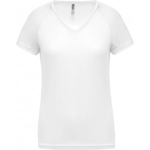 LADIES? V-NECK SHORT SLEEVE SPORTS T-SHIRT, White (T-shirt, mixed fiber, synthetic)