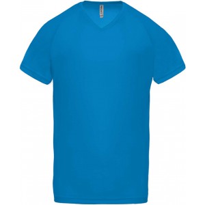 MEN?S V-NECK SHORT SLEEVE SPORTS T-SHIRT, Aqua Blue (T-shirt, mixed fiber, synthetic)