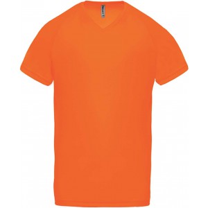 MEN?S V-NECK SHORT SLEEVE SPORTS T-SHIRT, Fluorescent Orange (T-shirt, mixed fiber, synthetic)