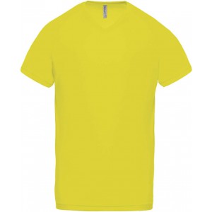 MEN?S V-NECK SHORT SLEEVE SPORTS T-SHIRT, Fluorescent Yellow (T-shirt, mixed fiber, synthetic)