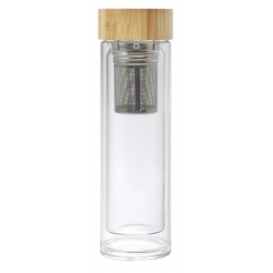 Bamboo and glass double walled bottle Vicente, brown (Water bottles)