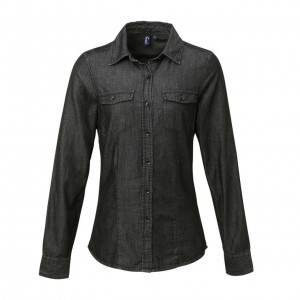 WOMEN'S JEANS STITCH DENIM SHIRT, Black Denim (shirt)